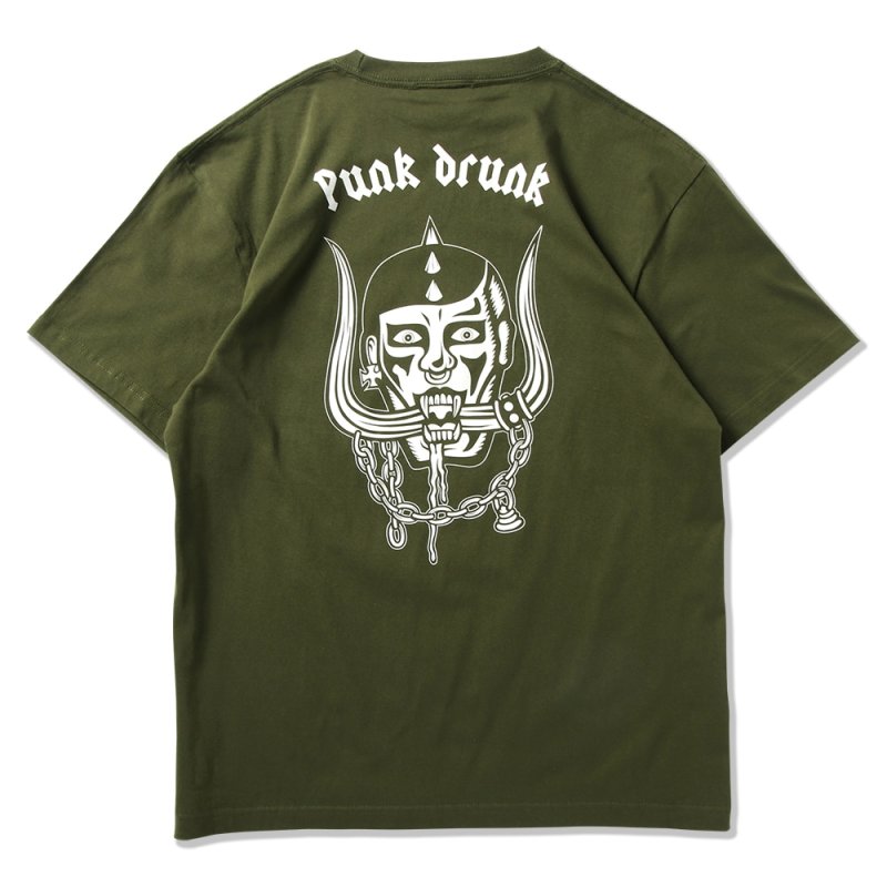 画像1: PUNK DRUNKERS（パンクドランカーズ）メタルロゴ刺繍TEE / OLIVE (1)