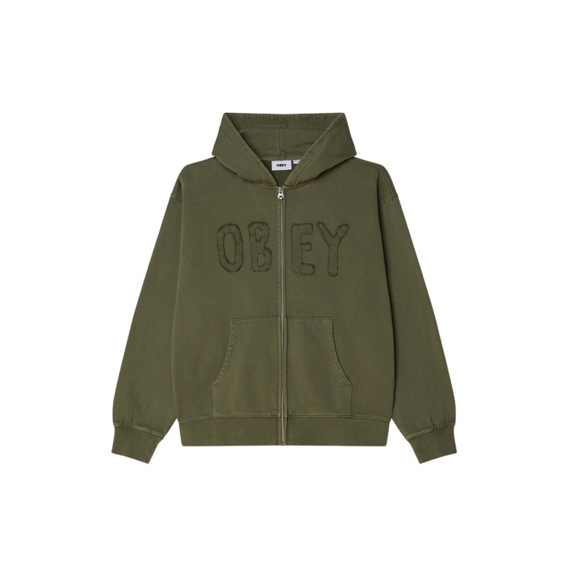 画像1: OBEY(オベイ) HYBRID FADED ZIP HOOD - DEEP LICHEN GREEN FADED WASH (1)