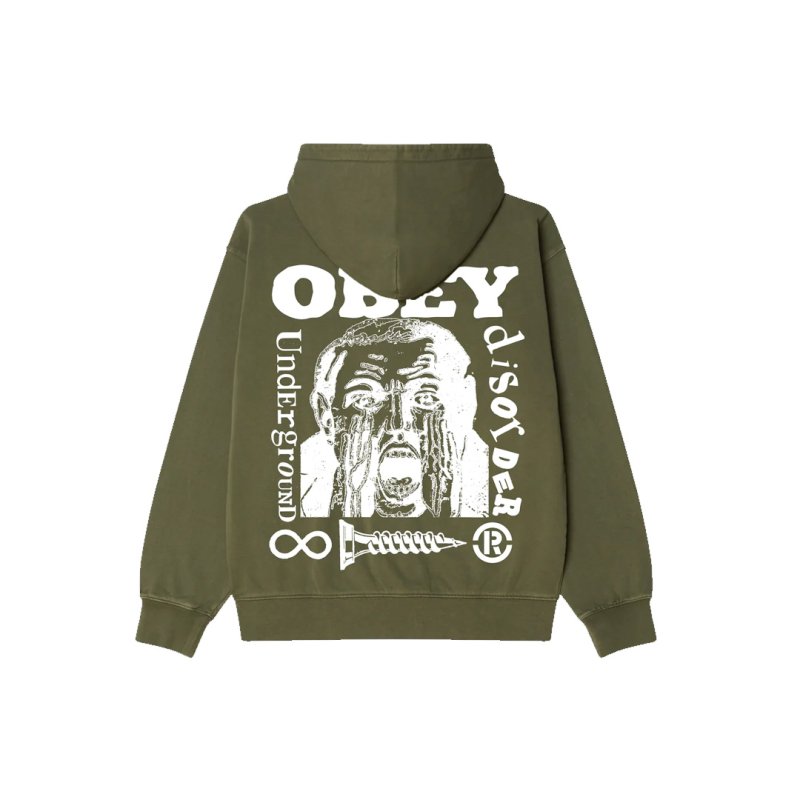 画像1: OBEY(オベイ) UNDERGROUND FADED HOOD - DEEP LICHEN GREEN FADED WASH (1)