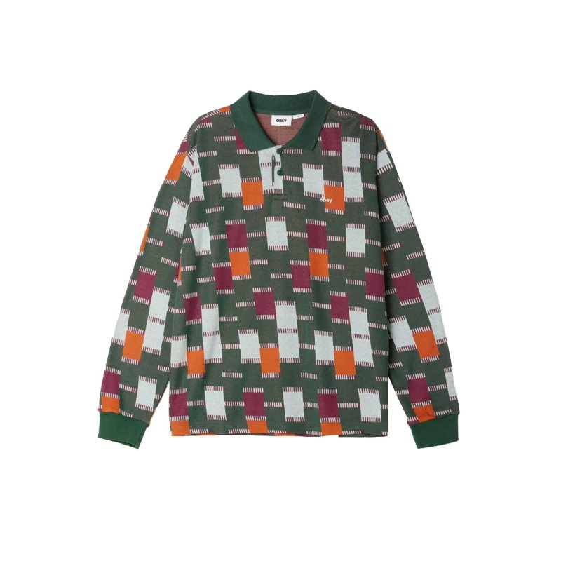 画像1: OBEY(オベイ) CRAFT JACQUARD LONG SLEEVE POLO L/S -DARK CEDAR MULTI (1)